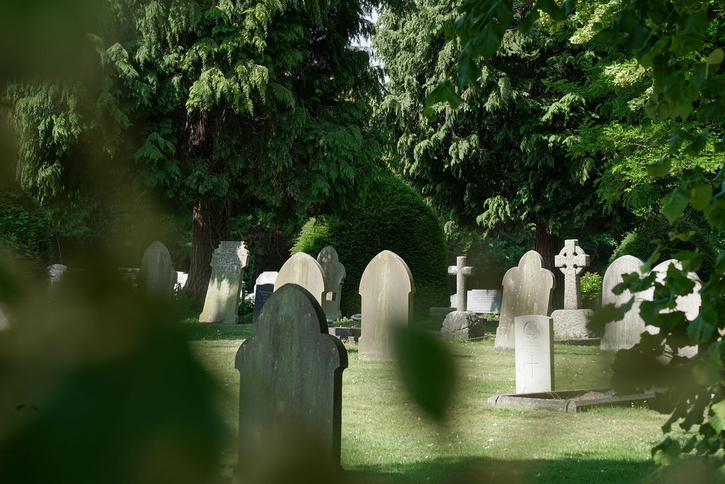 Artistic Shot of Grave stones through the trees
